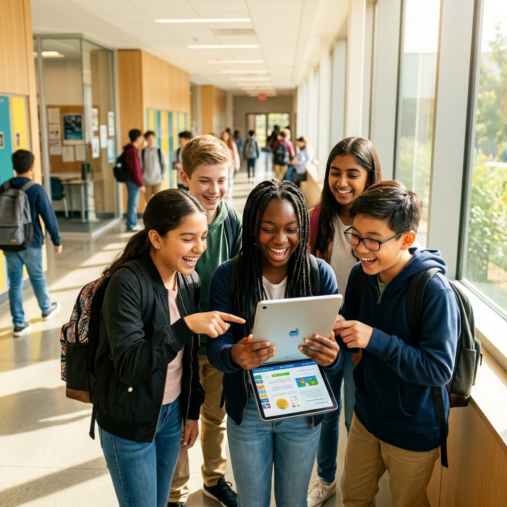 Students looking at tablet