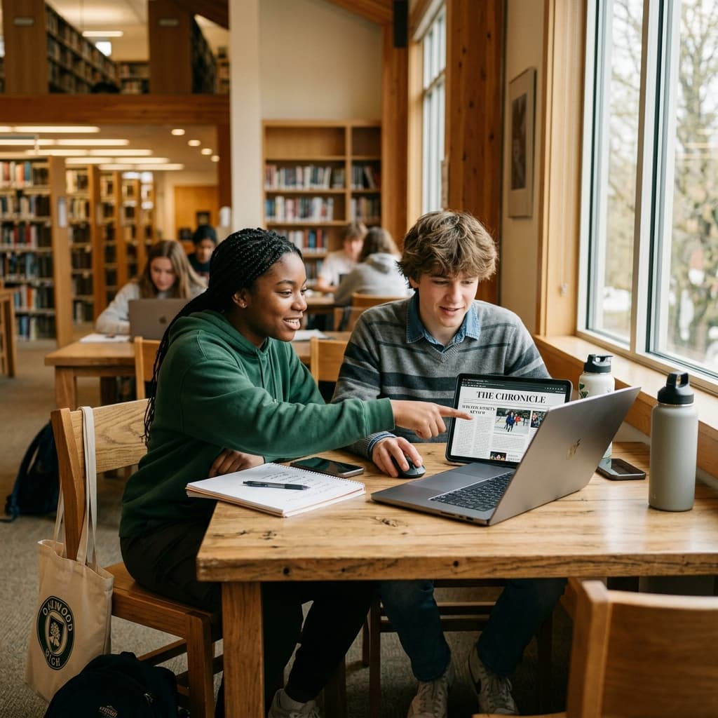 Students collaborating in newspaper